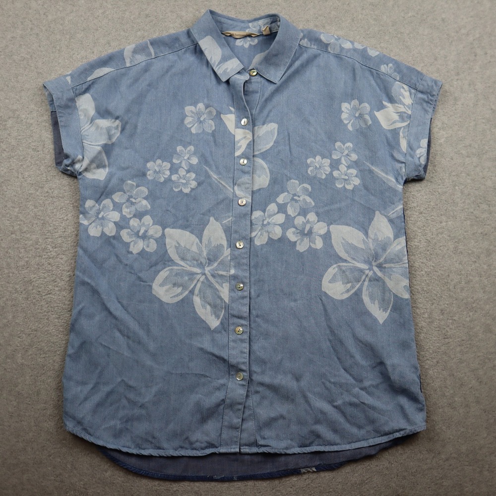 Soft Surroundings Top Womens PS Blue Floral Button Down Short Sleeve Petite